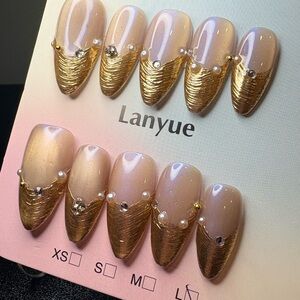 Gold & Nude Pearl Accent Press-On Nails